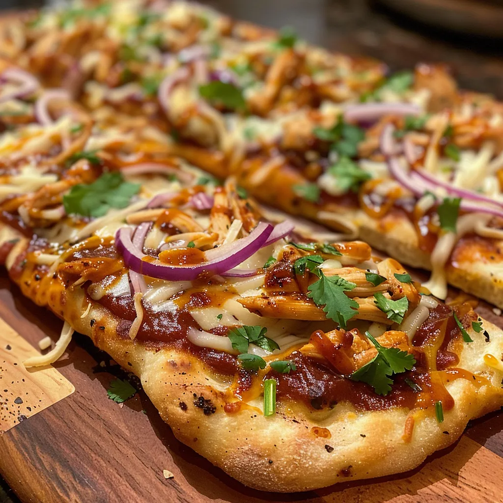 Juicy BBQ Chicken Flatbread featuring shredded chicken and sliced red onion.