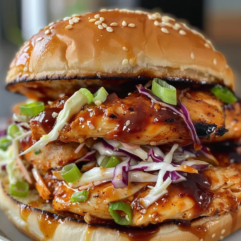 A close-up side view of a BBQ chicken sandwich with coleslaw.