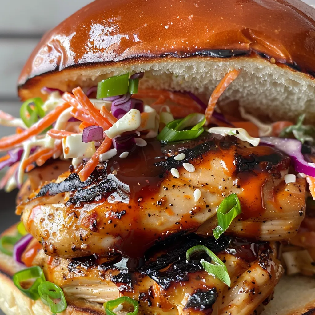 A juicy BBQ chicken sandwich featuring a glossy bun and fresh toppings.