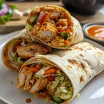 Juicy BBQ chicken wrap with colorful vegetables displayed in a close-up view.