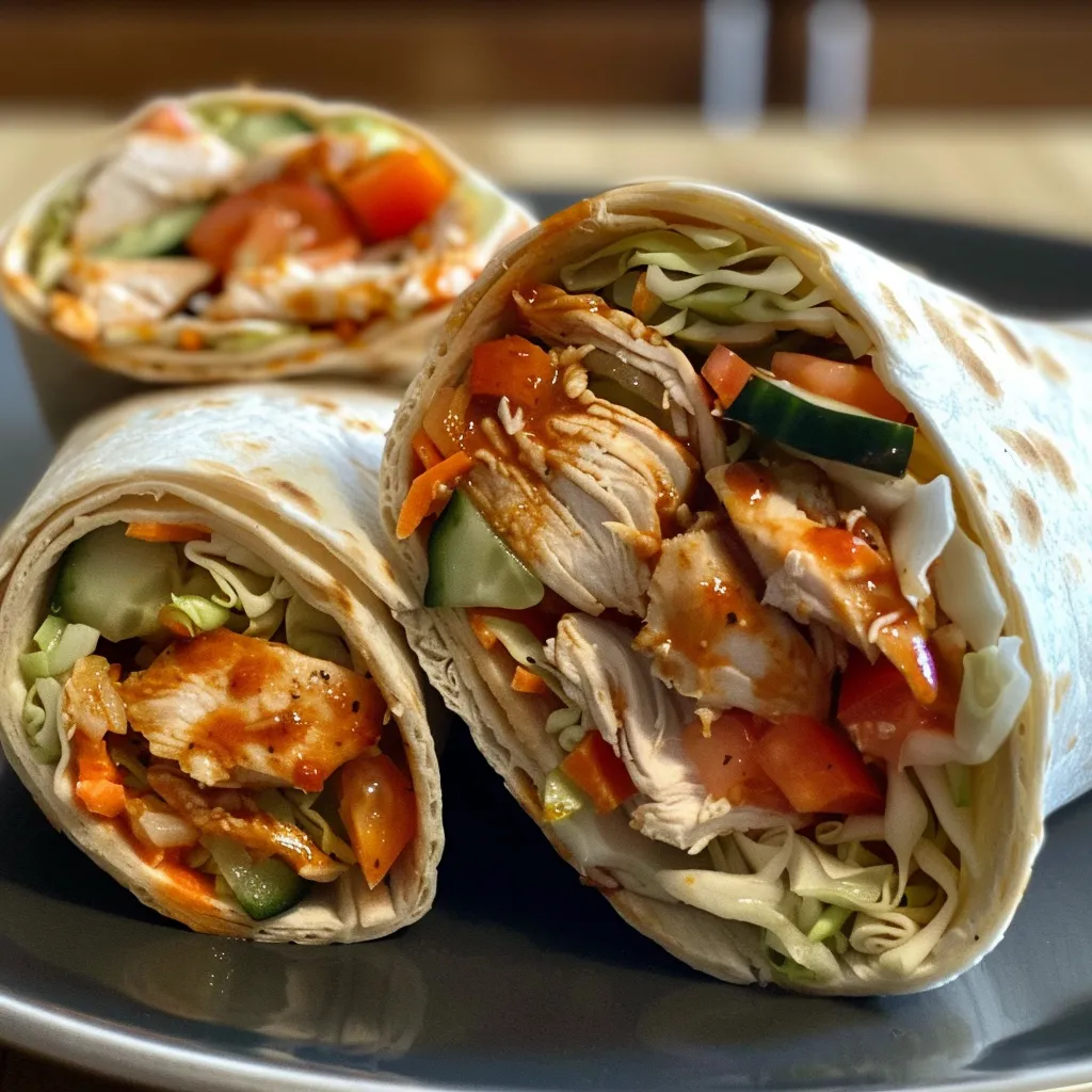 Side view of a BBQ chicken wrap showcasing grilled chicken and fresh veggies.