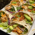 Close-up of a juicy BBQ chicken wrap filled with vibrant vegetables and cheese.