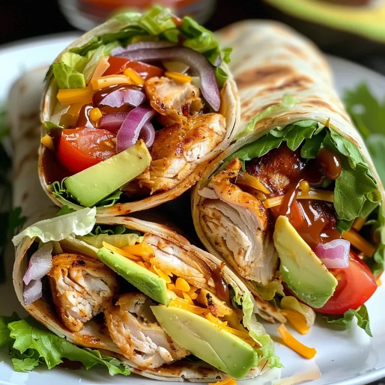 Close-up of BBQ chicken wraps filled with colorful ingredients.