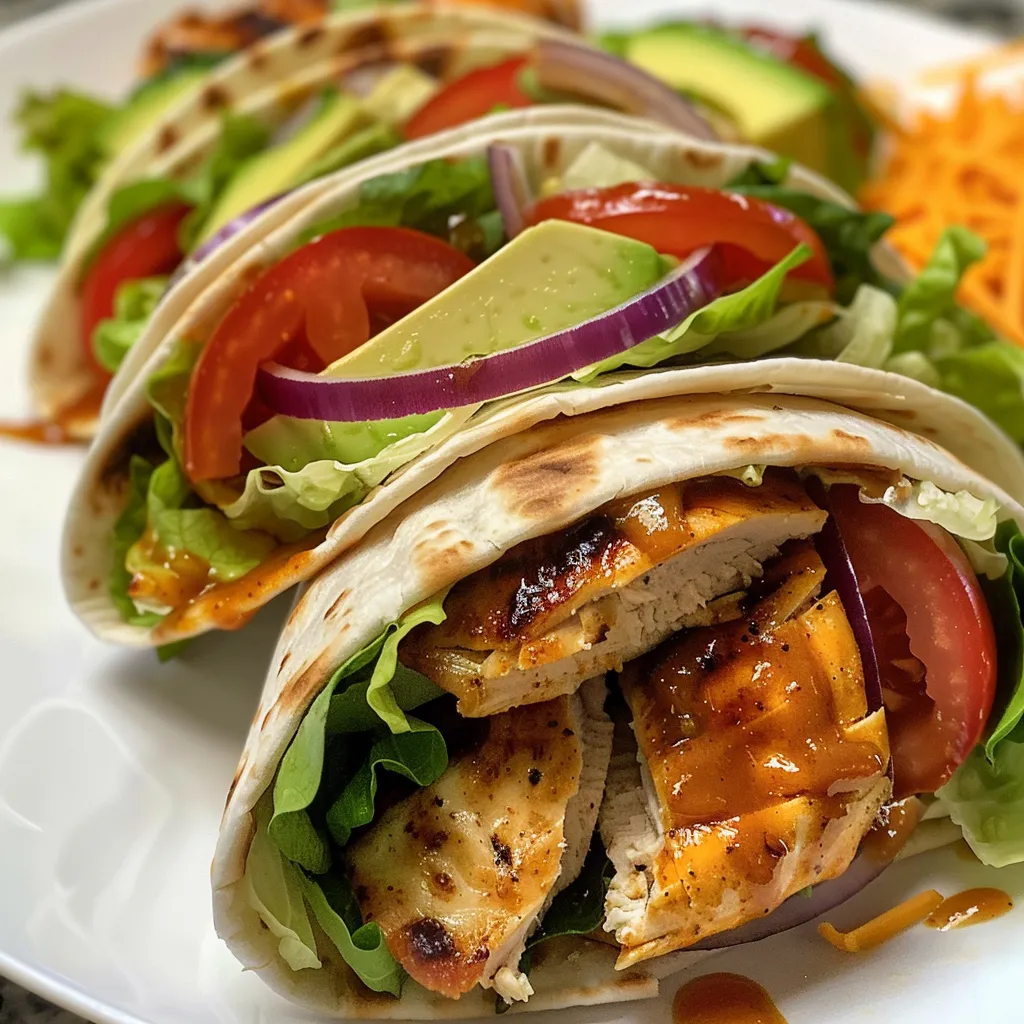 Juicy BBQ chicken wraps with lettuce, tomatoes, and cheese.