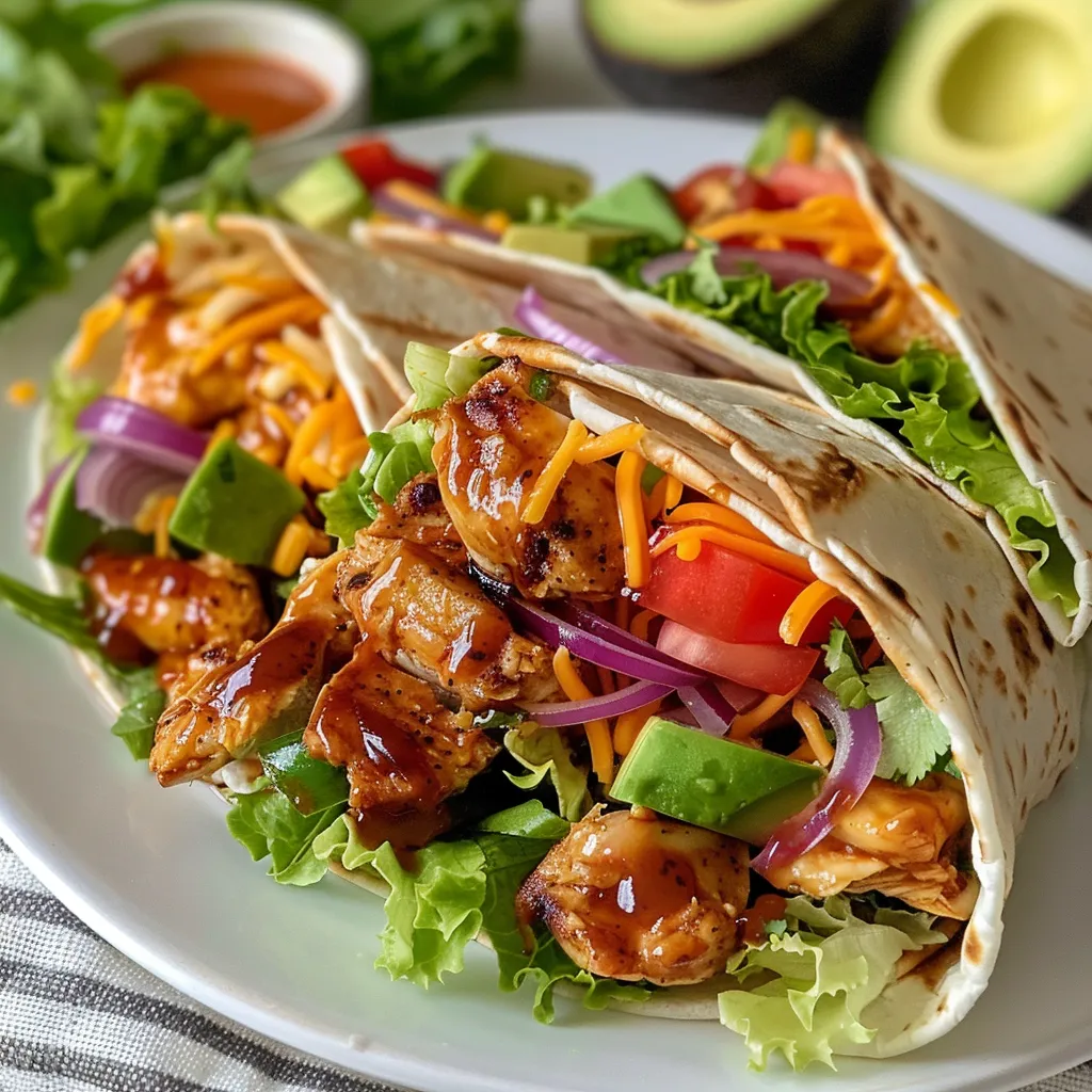 Delicious BBQ chicken wrap showcasing fresh ingredients, including avocado and lettuce.