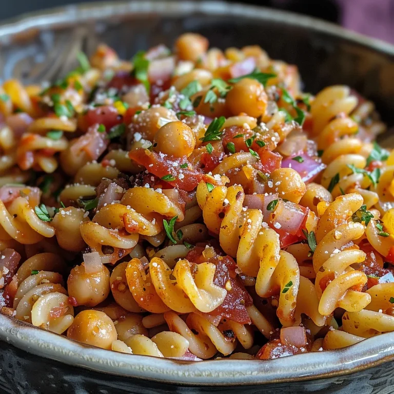 Close-up of a vibrant BBQ Chickpea Pasta dish with fusilli and fresh parsley.