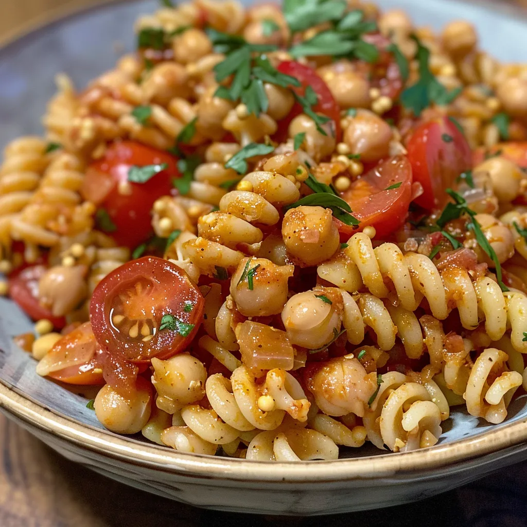 Side view of a bowl filled with BBQ Chickpea Pasta, showcasing its colorful ingredients.