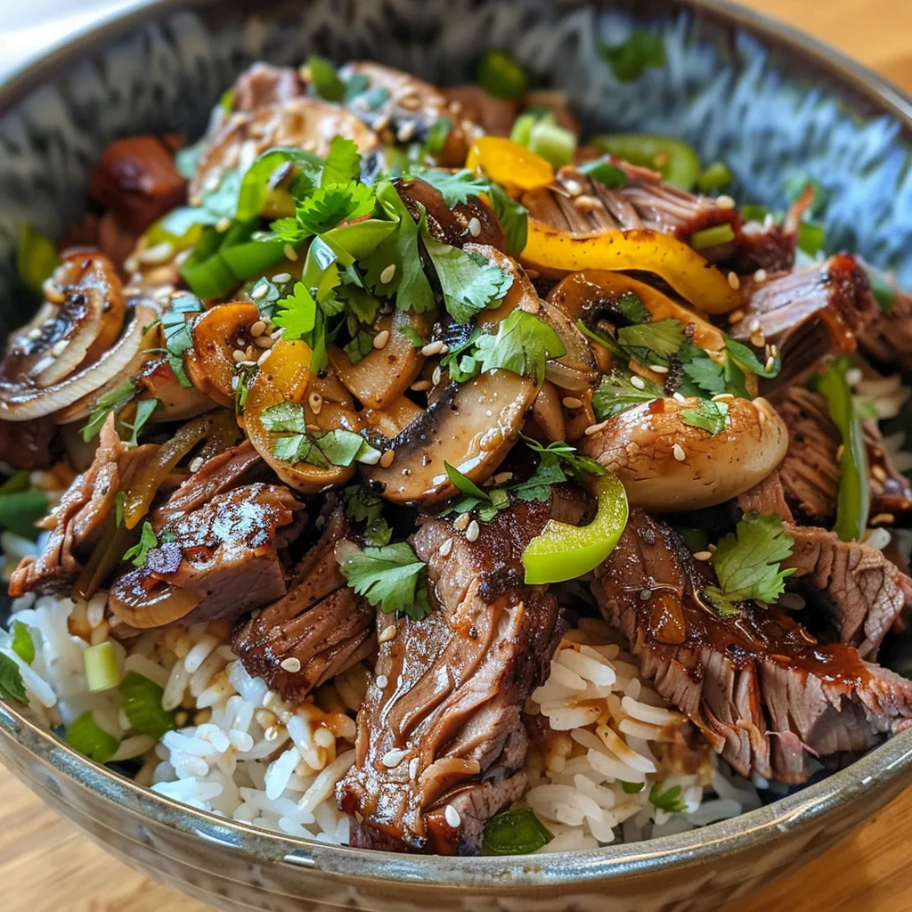 A side angle of a delicious beef bowl showcasing tender BBQ brisket and colorful vegetables.