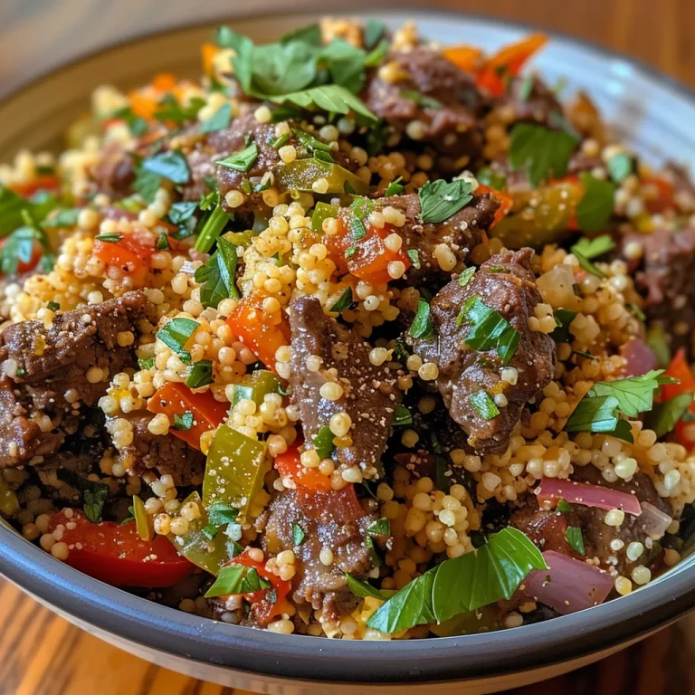 A close-up view of juicy Beef Couscous garnished with fresh herbs.