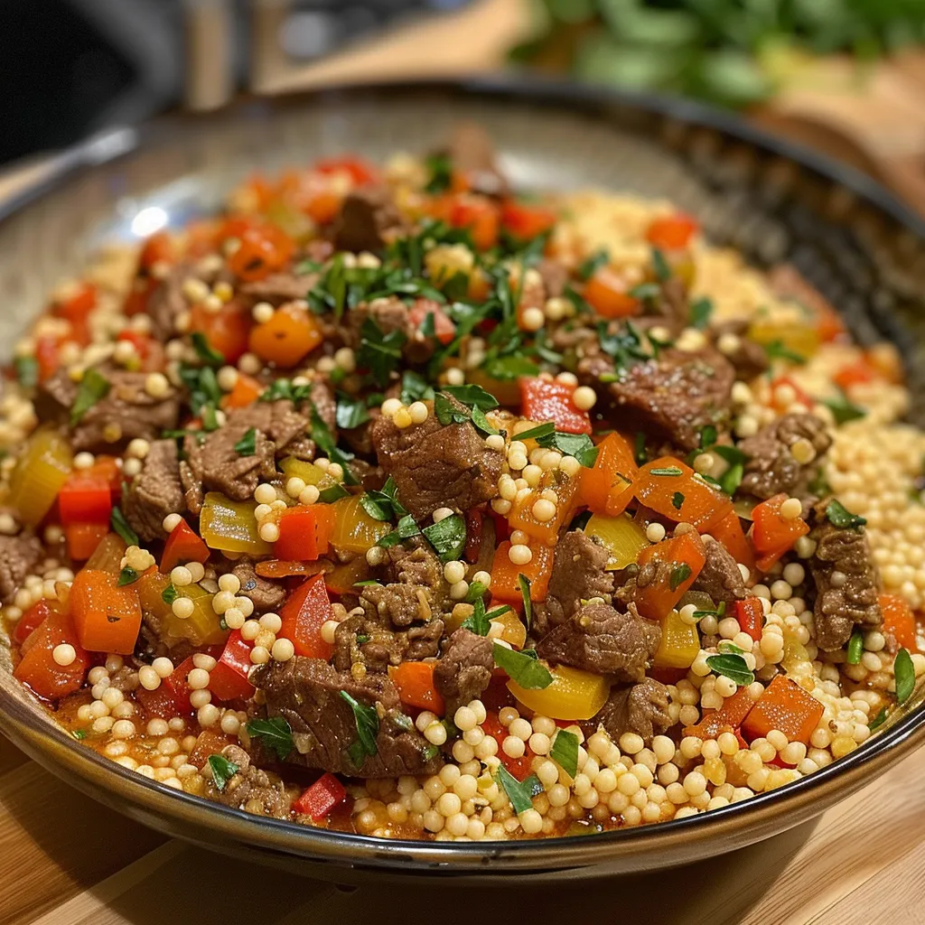 Delicious Beef Couscous featuring ground beef and colorful vegetables.