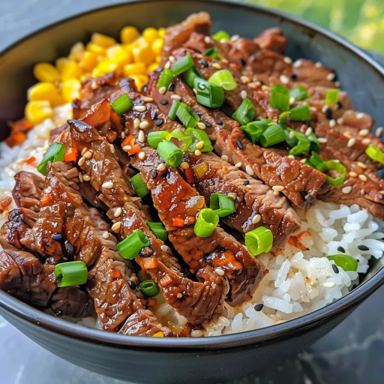 Close-up of a Beef Pepper Rice Bowl with sliced beef, rice, and green onions.