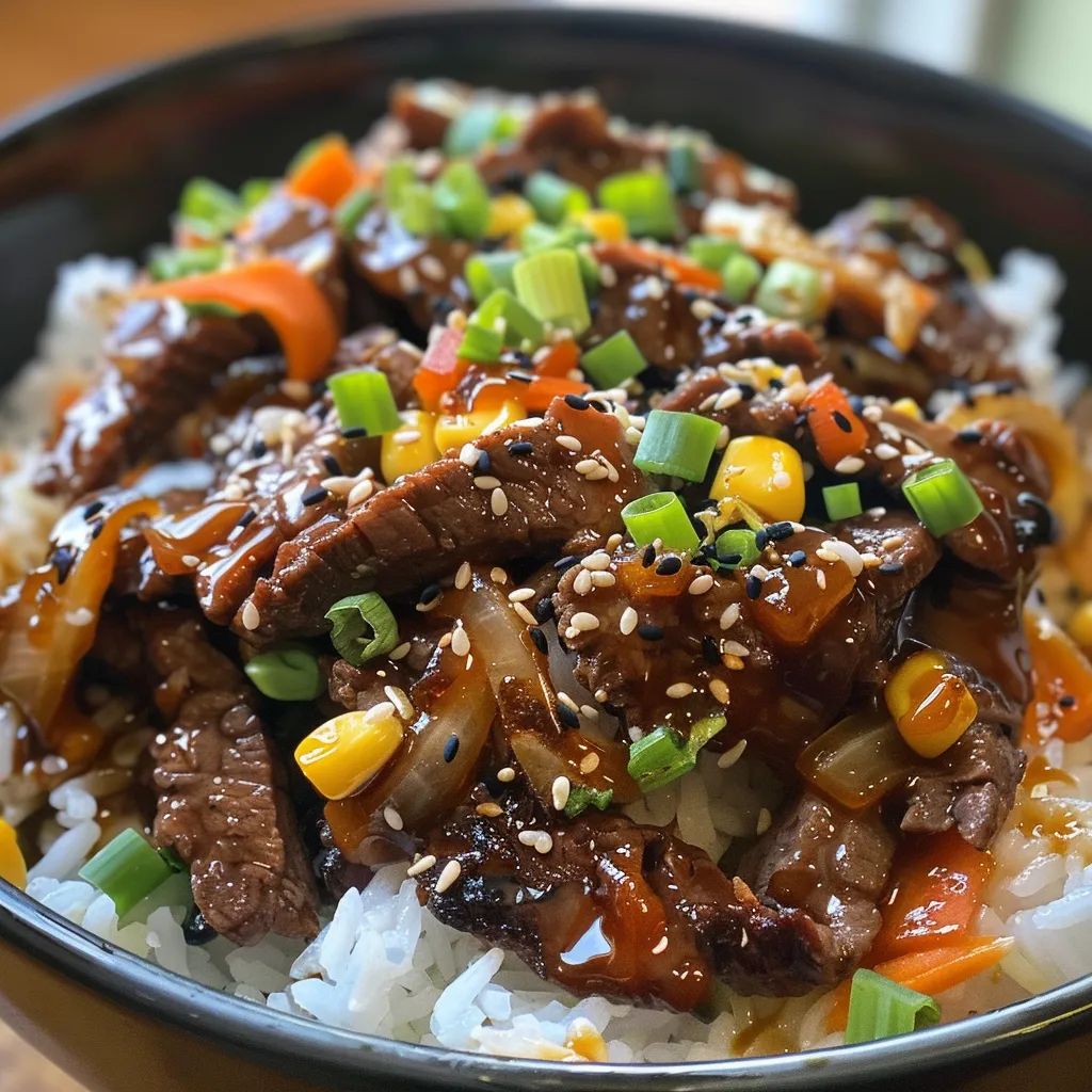 Juicy Beef Pepper Rice Bowl featuring tender beef, corn, and a sprinkle of black pepper.