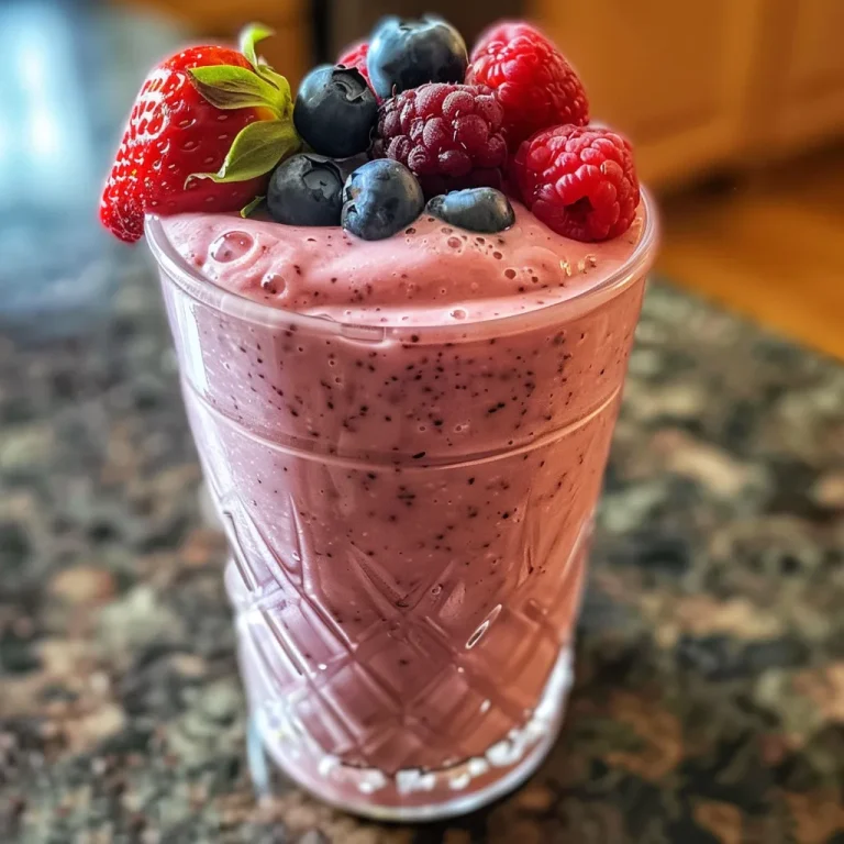 A close-up view of a colorful Berry and Banana Smoothie in a glass, showcasing vibrant red strawberries, blue blueberries, and yellow banana slices.