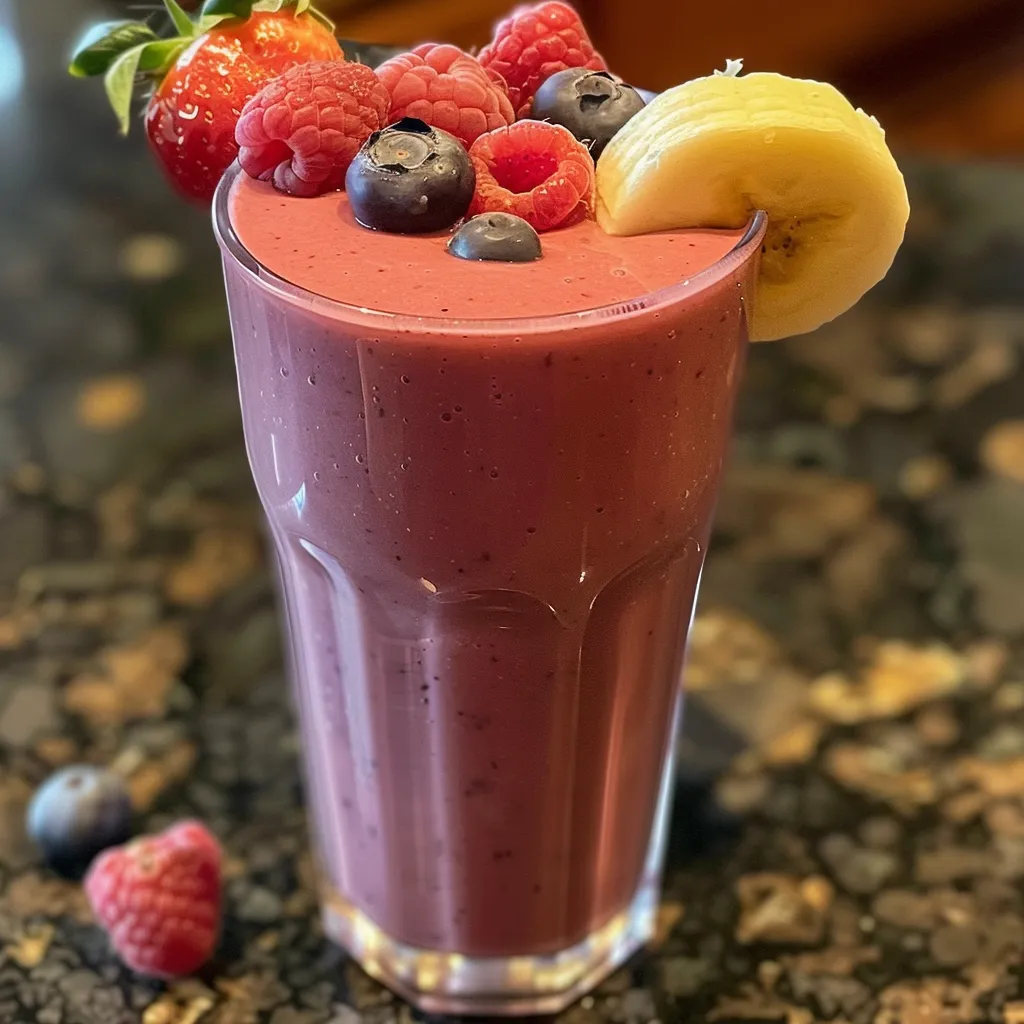 Refreshing Berry and Banana Smoothie filled with ice cubes, presented in a clear glass with a variety of fresh berries on top.