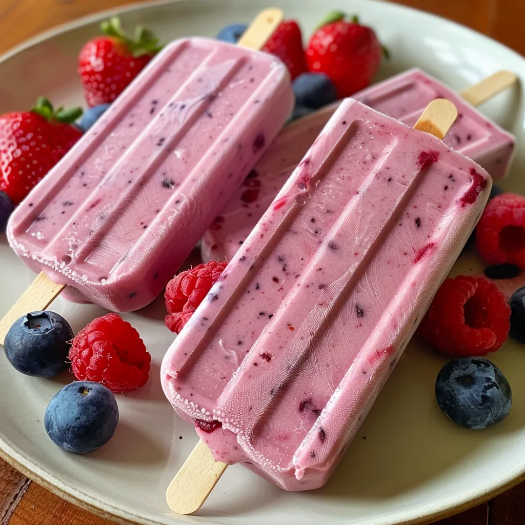 Side view of ice pops showcasing vibrant raspberries, strawberries, and blueberries.