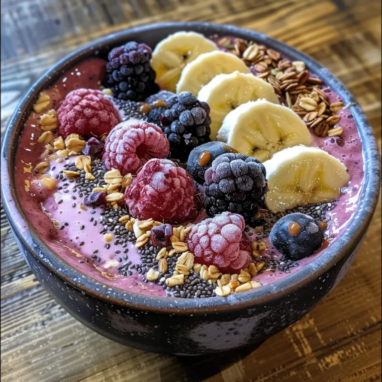 Close-up of a vibrant berry smoothie bowl topped with granola and fresh fruit.