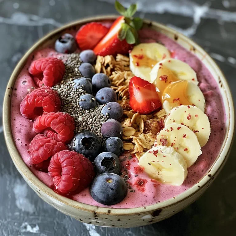 Close-up of a Berry Smoothie Bowl topped with fresh berries and granola.