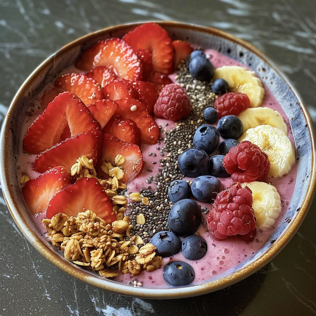 A side view of a creamy berry smoothie bowl filled with vibrant mixed berries and chia seeds.