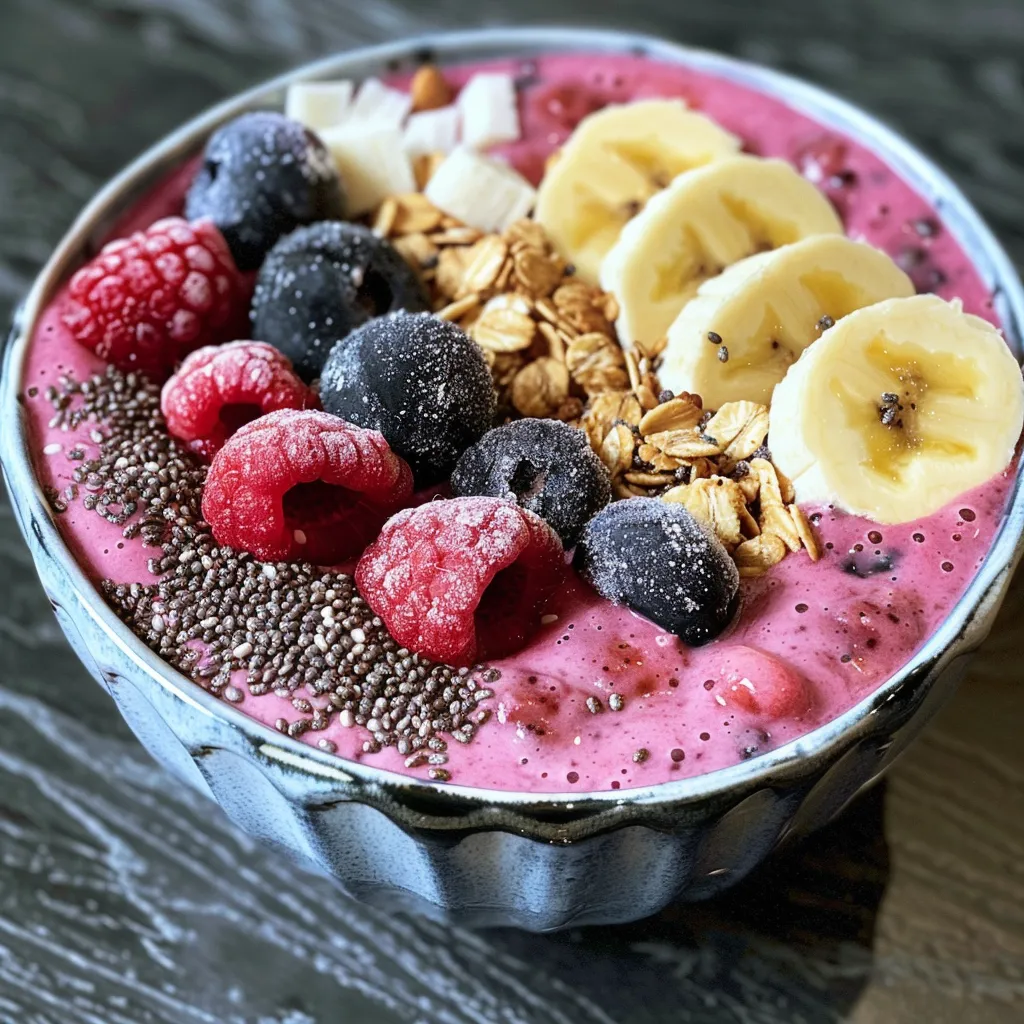 A delicious berry smoothie bowl garnished with sliced bananas and coconut flakes.