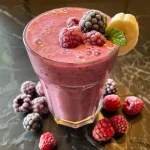 Close-up view of a vibrant berry smoothie in a glass with a straw.