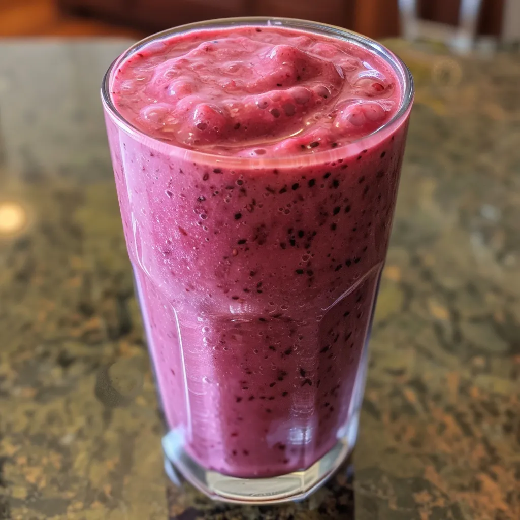 Side view of a creamy berry smoothie with colorful fruit topping.