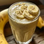 Close-up of a creamy banana smoothie in a glass, with banana slices on top.