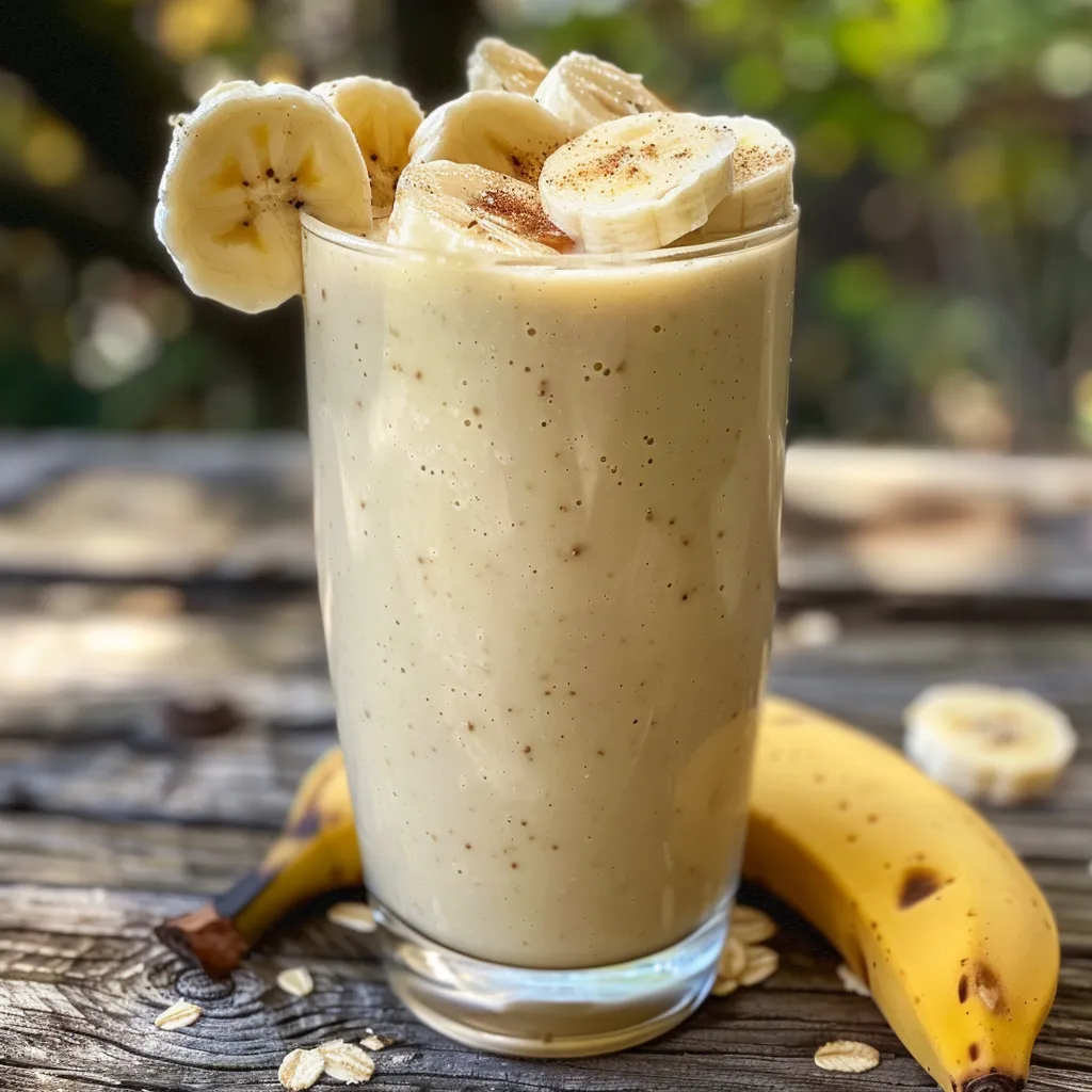 Side view of a delicious banana smoothie, showcasing its thick texture and vibrant color.