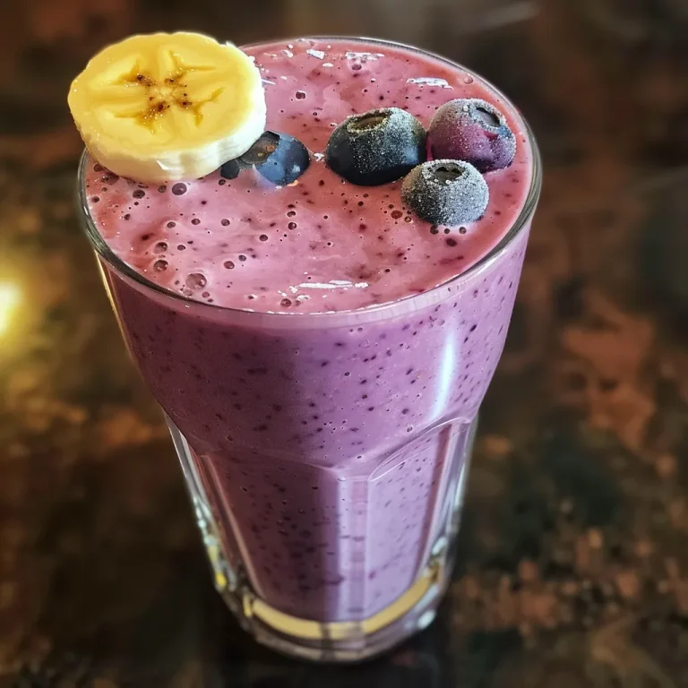 Close-up of a delicious blueberry banana milkshake in a glass, topped with fresh blueberries.
