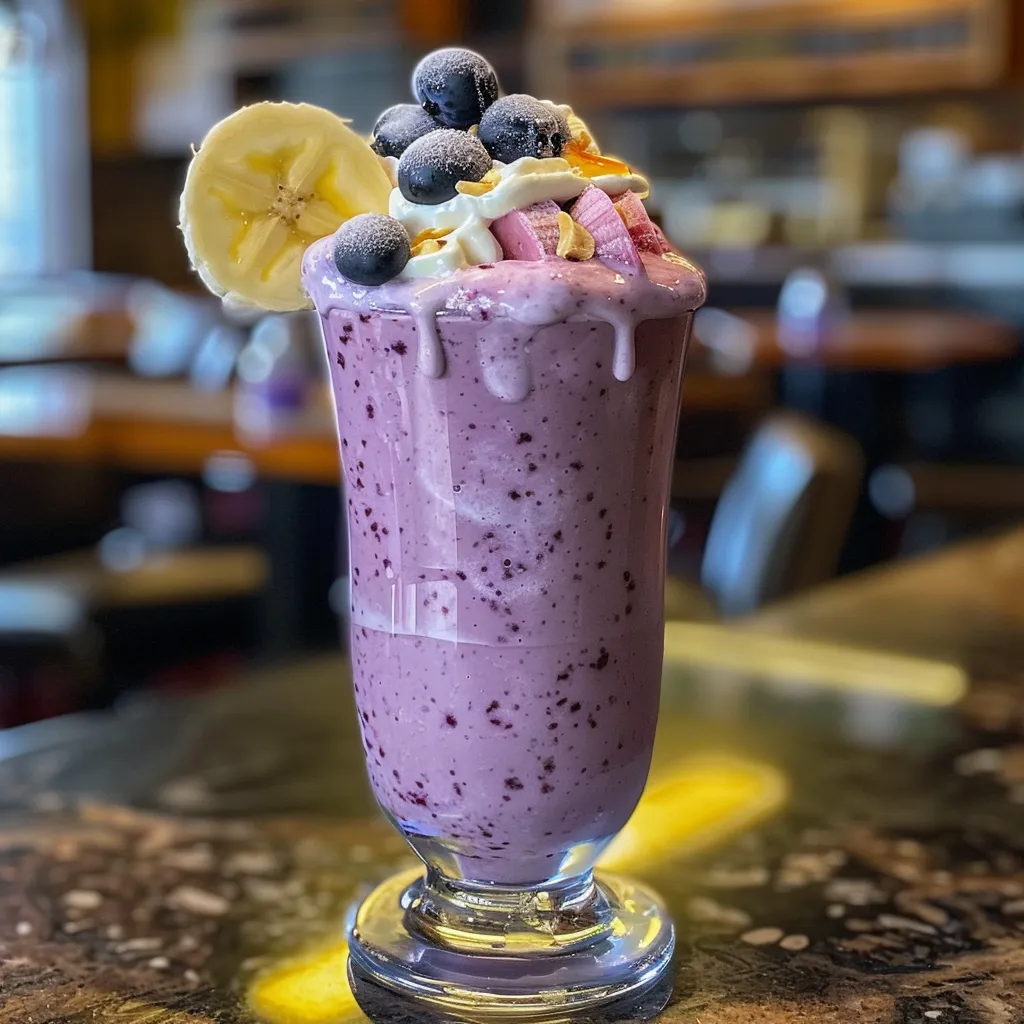 Side view of a creamy blueberry banana milkshake with a straw, showcasing its vibrant color.