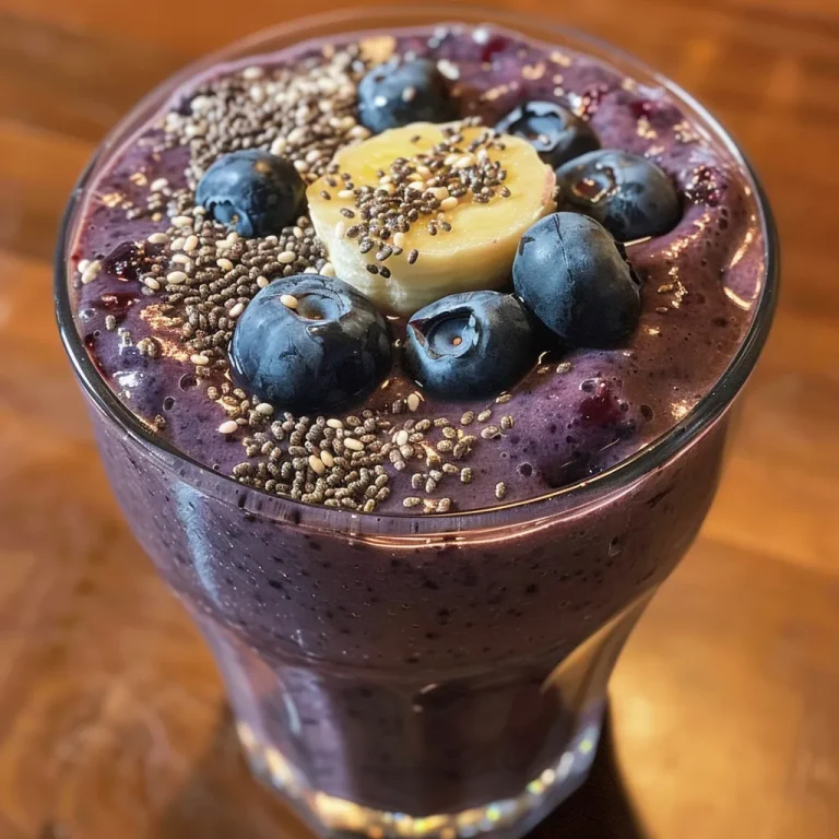Close-up view of a creamy Blueberry Banana Oat Smoothie in a clear glass.