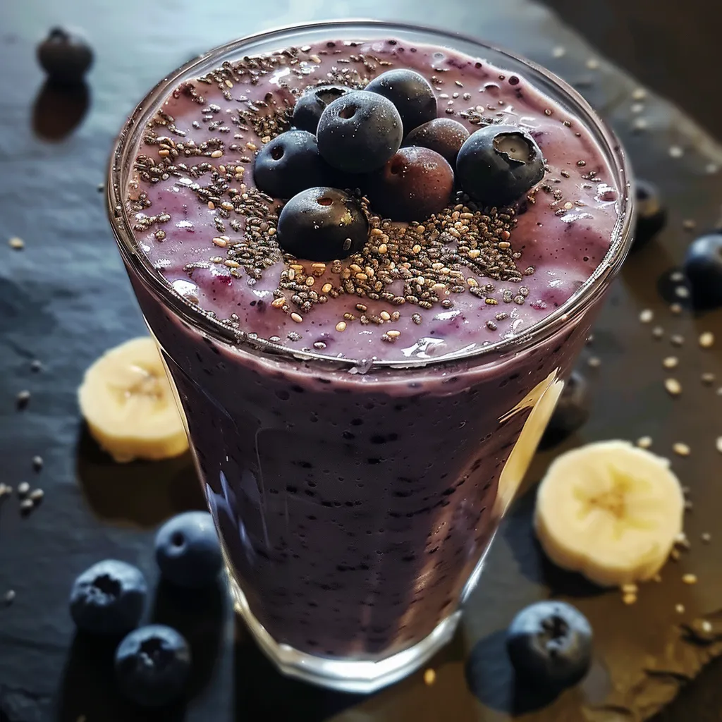 Luscious Blueberry Banana Oat Smoothie topped with chia seeds, served in a stylish glass.