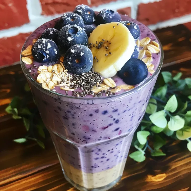 Energizing Your Day The Ultimate Blueberry Banana Oatmeal Power Smoothie Close-up of a vibrant Blueberry Banana Oatmeal Power Smoothie in a glass, with a straw and blueberries on top.