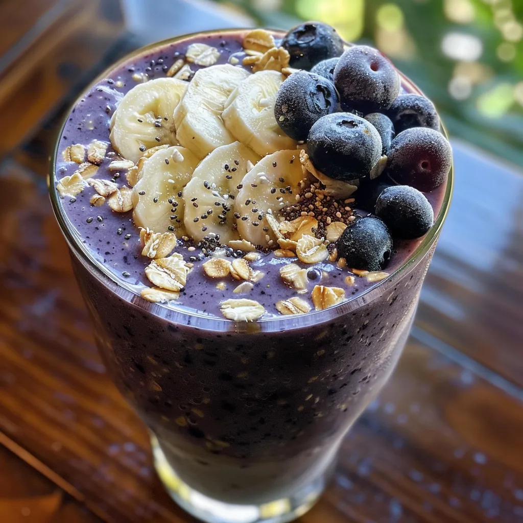 Side view of a creamy Blueberry Banana Oatmeal Power Smoothie filled with fresh fruits and oats, served in a tall glass.