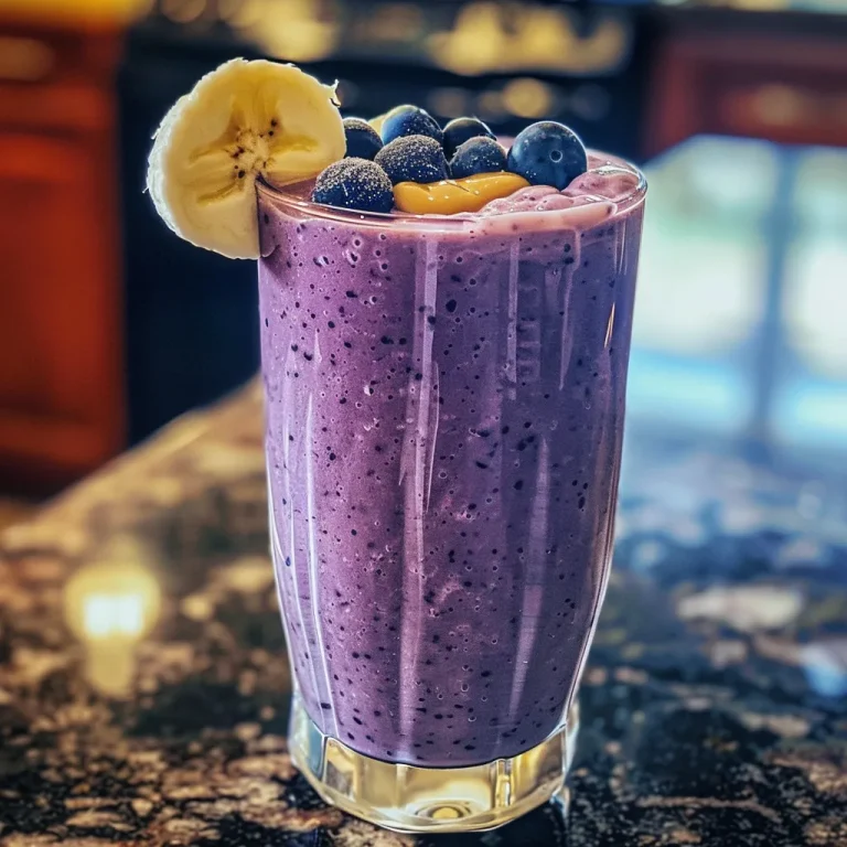 A vibrant blueberry banana smoothie in a clear glass, showcasing its creamy texture.