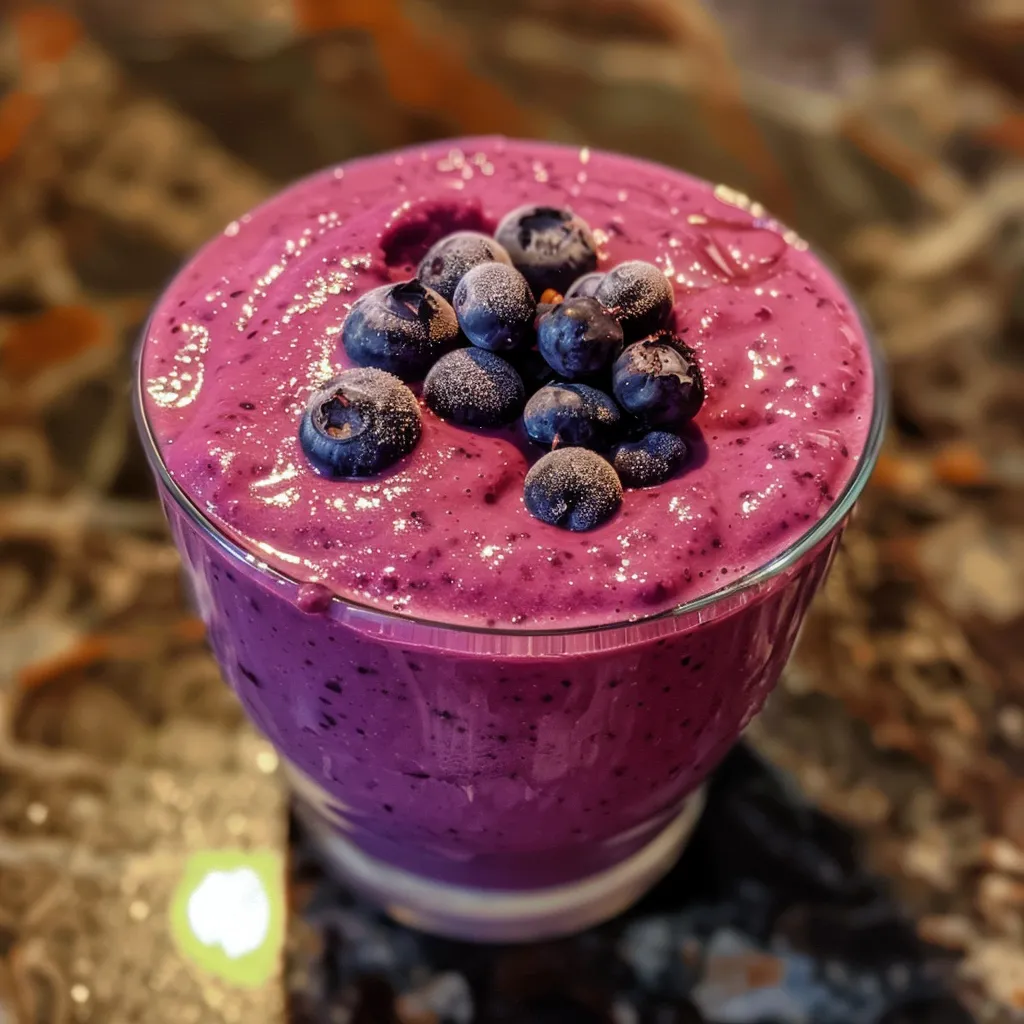 Close-up view of a blueberry banana smoothie with an inviting blend of blue and yellow hues.