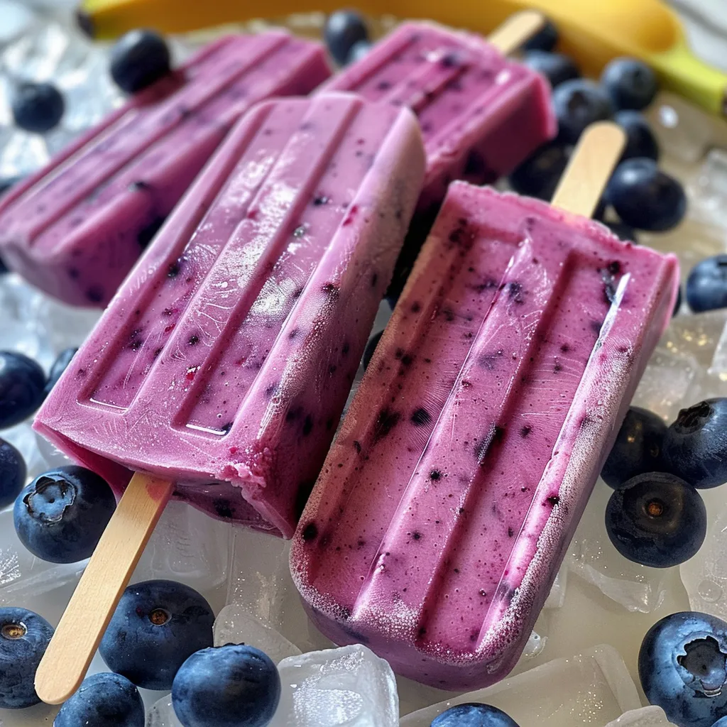 Juicy Blueberry Banana Yogurt Pops displayed on a rustic wooden table.