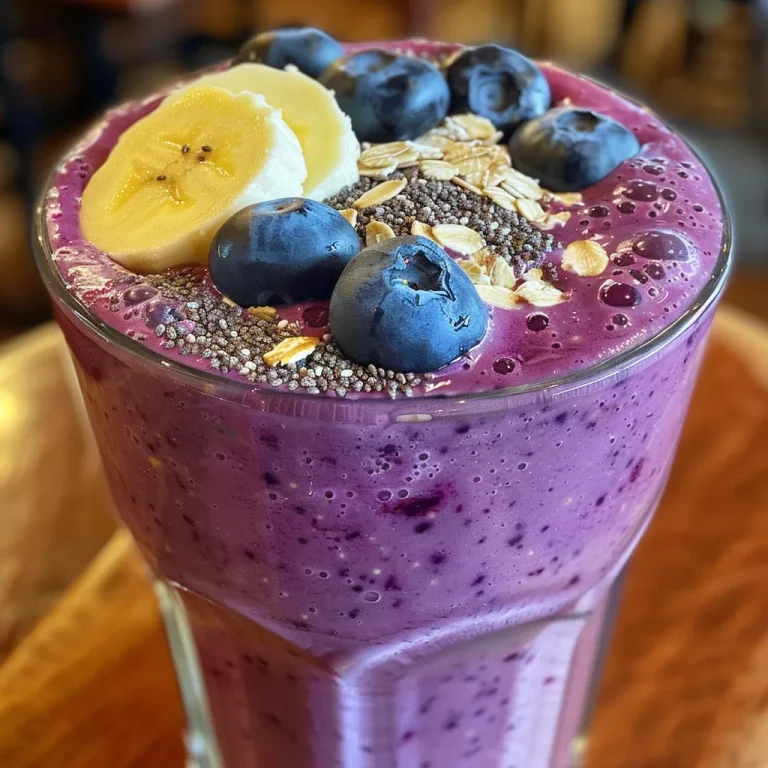 Juicy blueberry oat smoothie in a glass with a straw, garnished with blueberries.