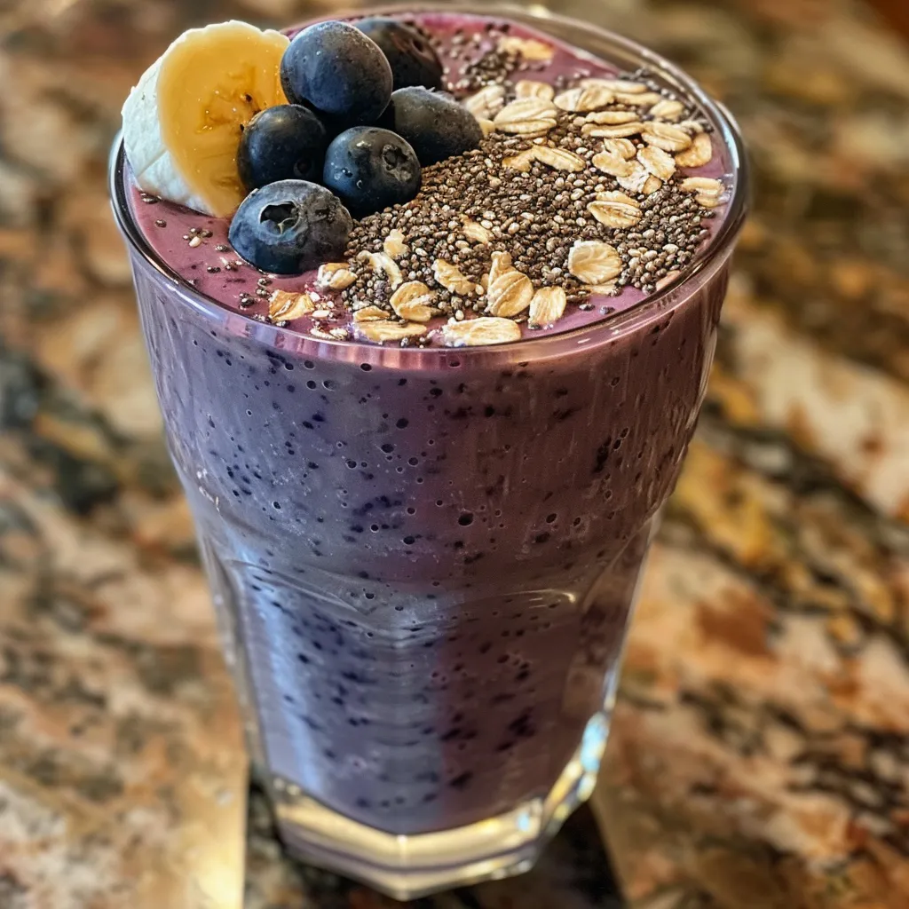 Close-up of a delicious blueberry oat smoothie with a creamy texture, served in a clear glass.