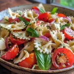 Close-up view of a colorful Bow Tie Pasta Salad with cherry tomatoes and bocconcini cheese.