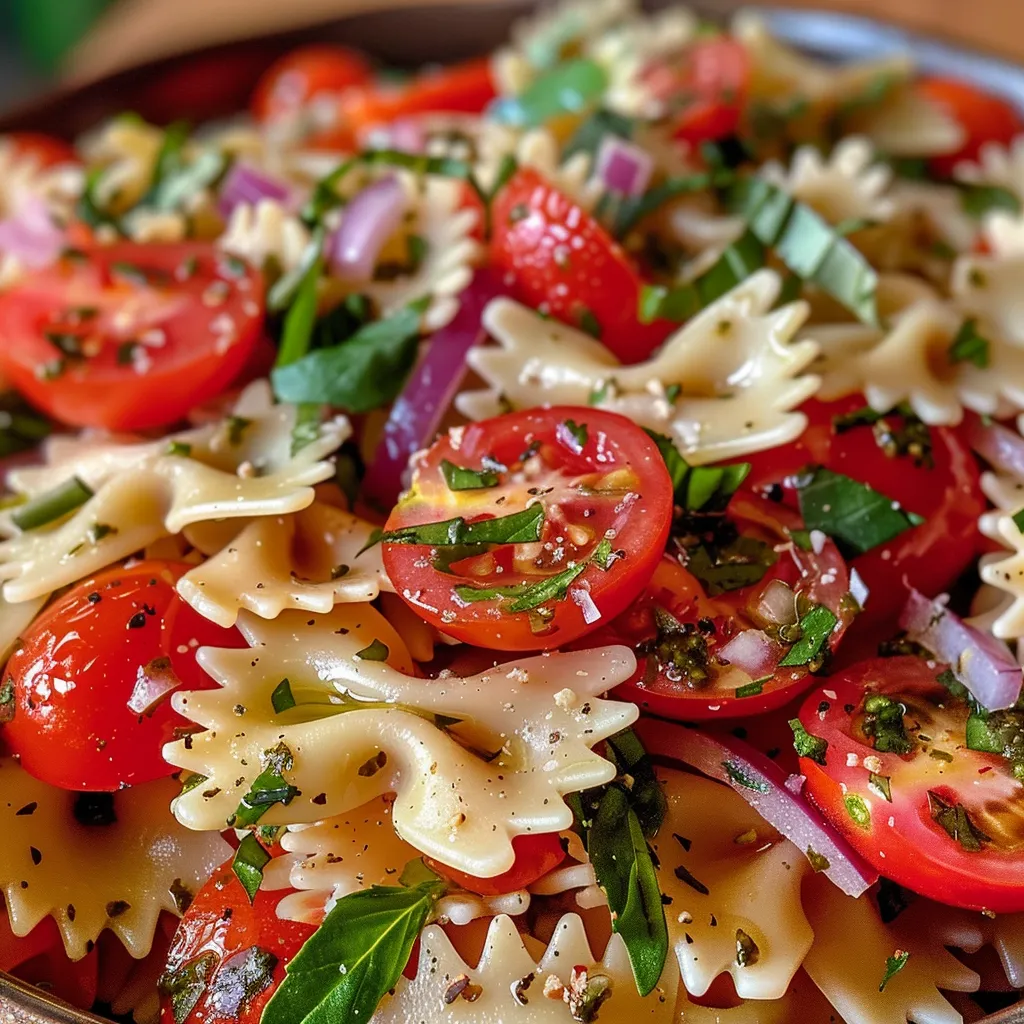 A vibrant bowl of Bow Tie Pasta Salad showcasing pasta, vegetables, and cheese.