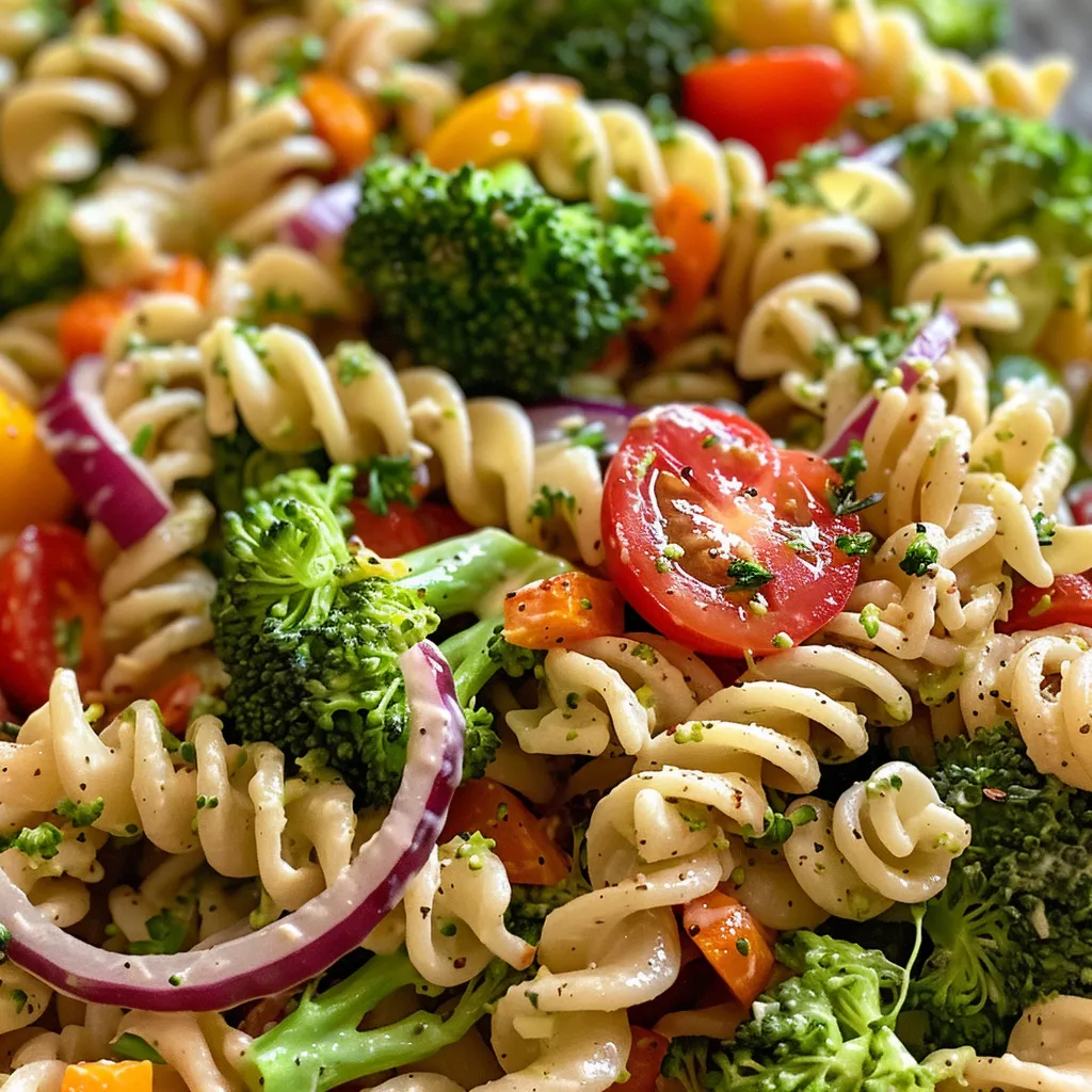 Close-up view of a serving of Broccoli Pasta Salad with vibrant vegetables and pasta.