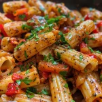 Close-up view of a bowl of Cajun Vegan Pasta with vibrant ingredients.
