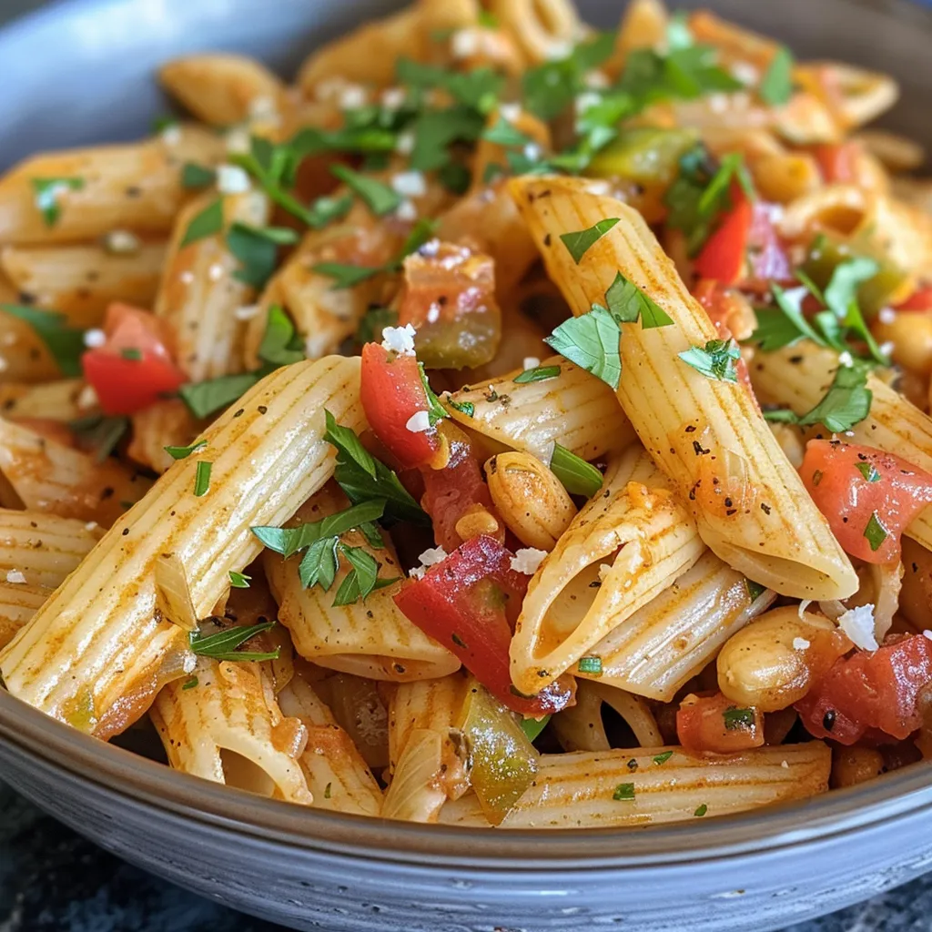 Side view of a plate of colorful Cajun Vegan Pasta garnished with fresh parsley.