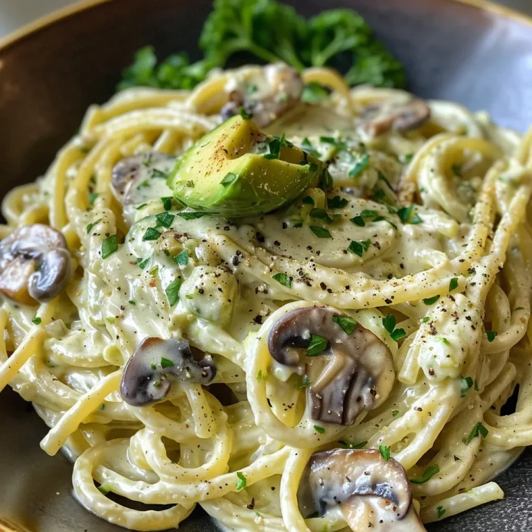 Creamy California Avocado Alfredo Pasta A Quick and Delightful Dinner Close-up shot of creamy Alfredo pasta with avocado and mushrooms.