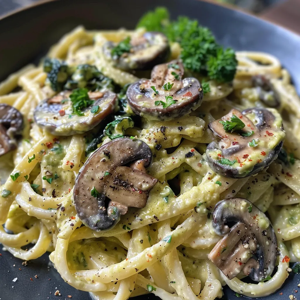 Side view of California Avocado Alfredo pasta topped with green parsley.