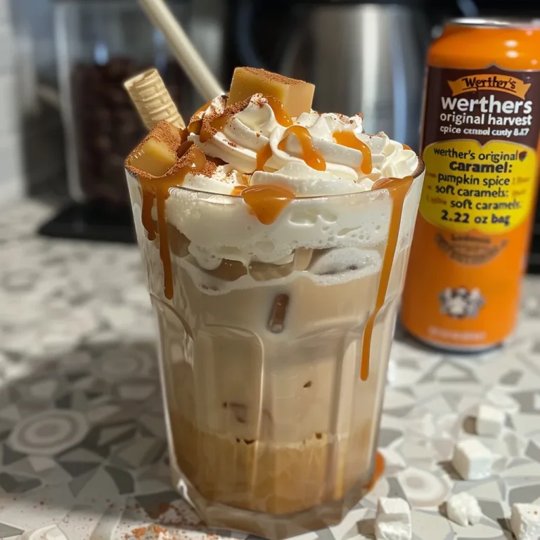 A close-up side view of a creamy Caramel Pumpkin Spice Iced Coffee topped with whipped cream and caramel drizzle.