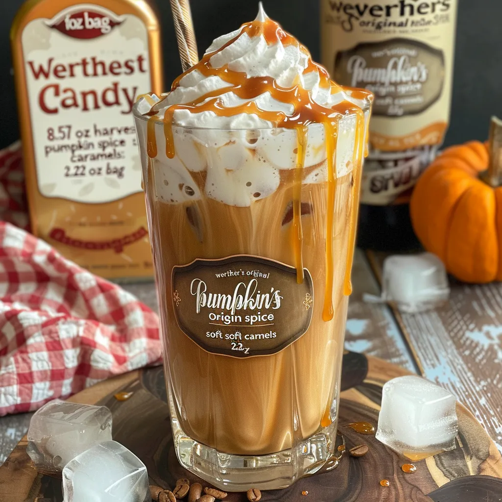 A refreshing glass of Caramel Pumpkin Spice Iced Coffee with ice cubes and a swirl of caramel sauce on top.