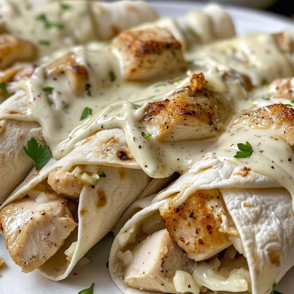 Side view of a juicy chicken wrap filled with cheese and garlic, ready to eat.