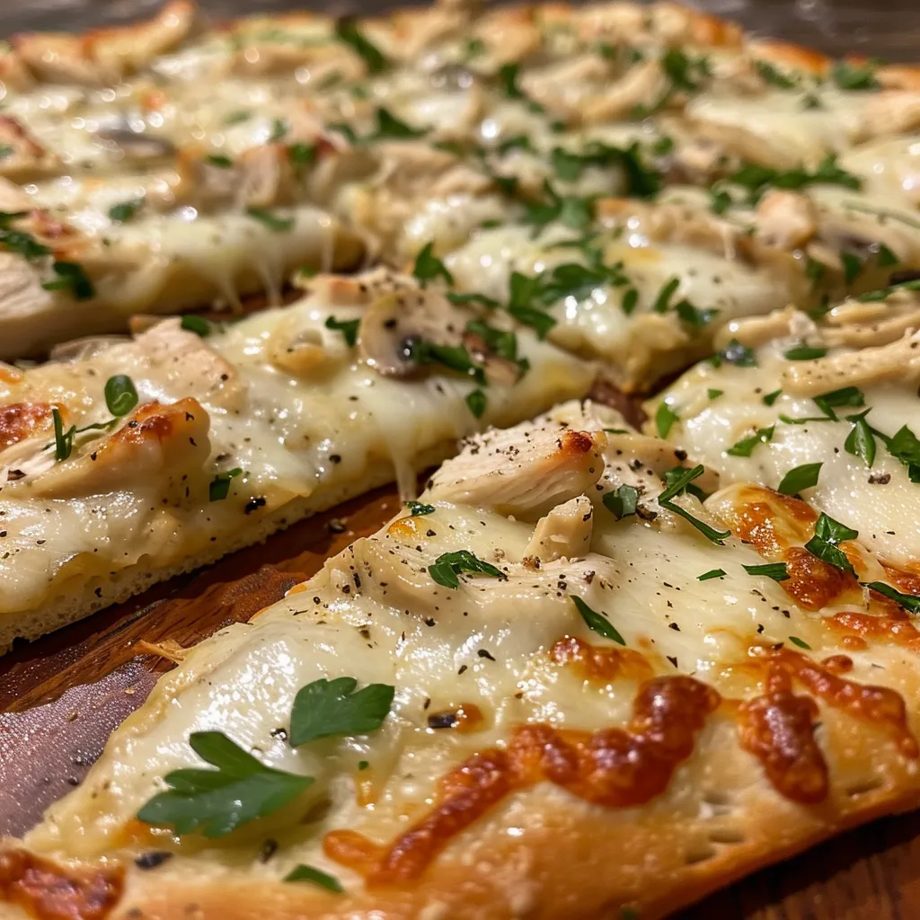 Juicy Chicken Alfredo flatbread garnished with parsley, showcasing layers of cheese and chicken.