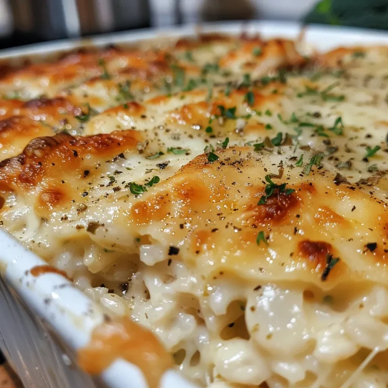Effortless Chicken Alfredo Rice Casserole for Busy Nights Close-up of a Chicken Alfredo Rice Casserole topped with melted cheese and broccoli.
